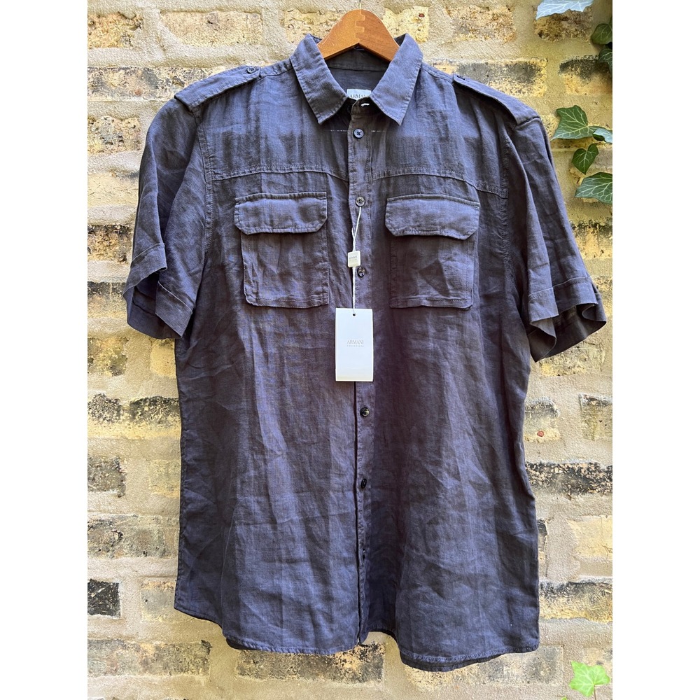 Armani Collezioni Men's 100% Linen Utility Charcoal Gray Shirt Sz L NWT